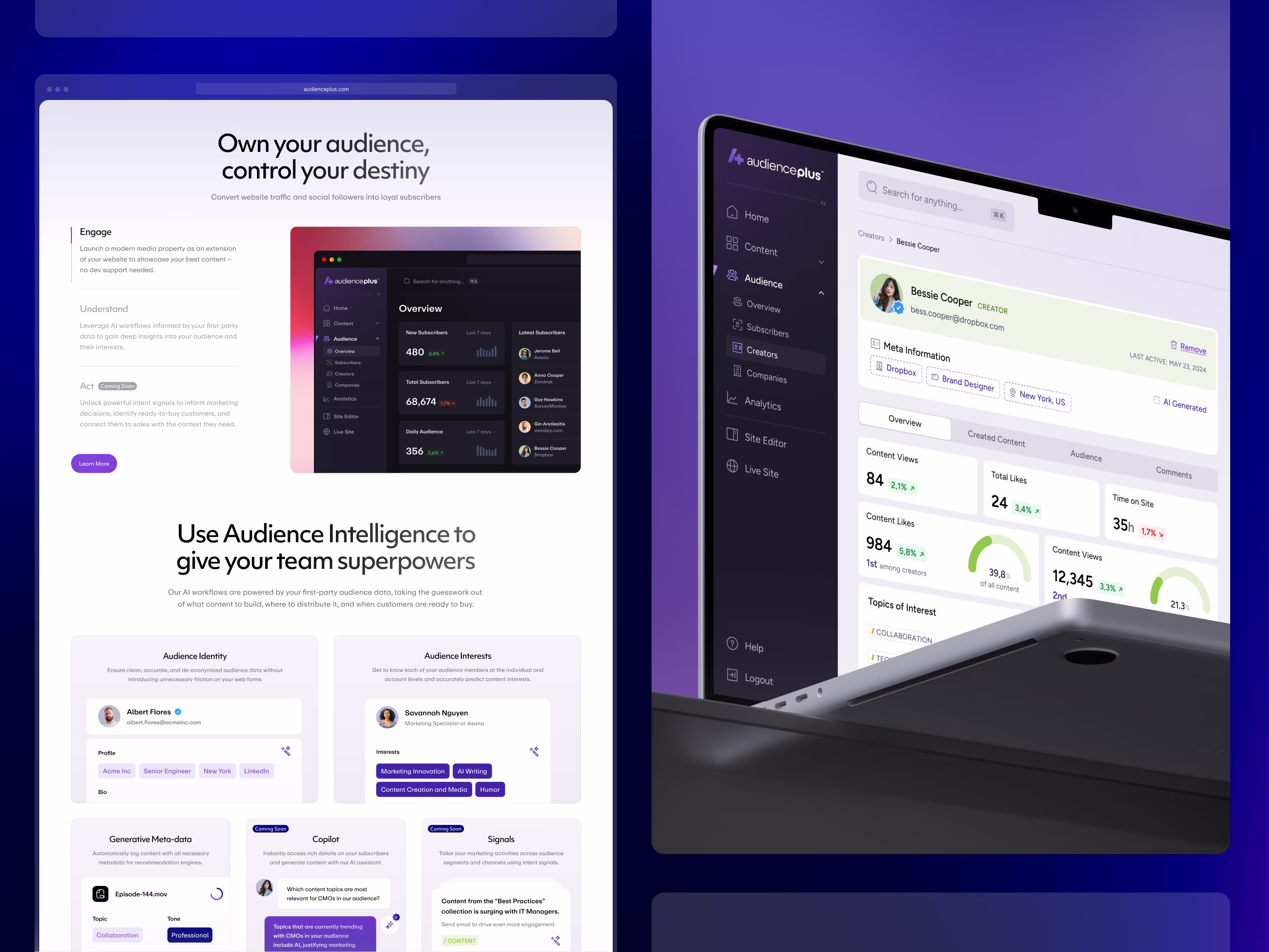 AudiencePlus marketing site and platform dashboard on a gradient background