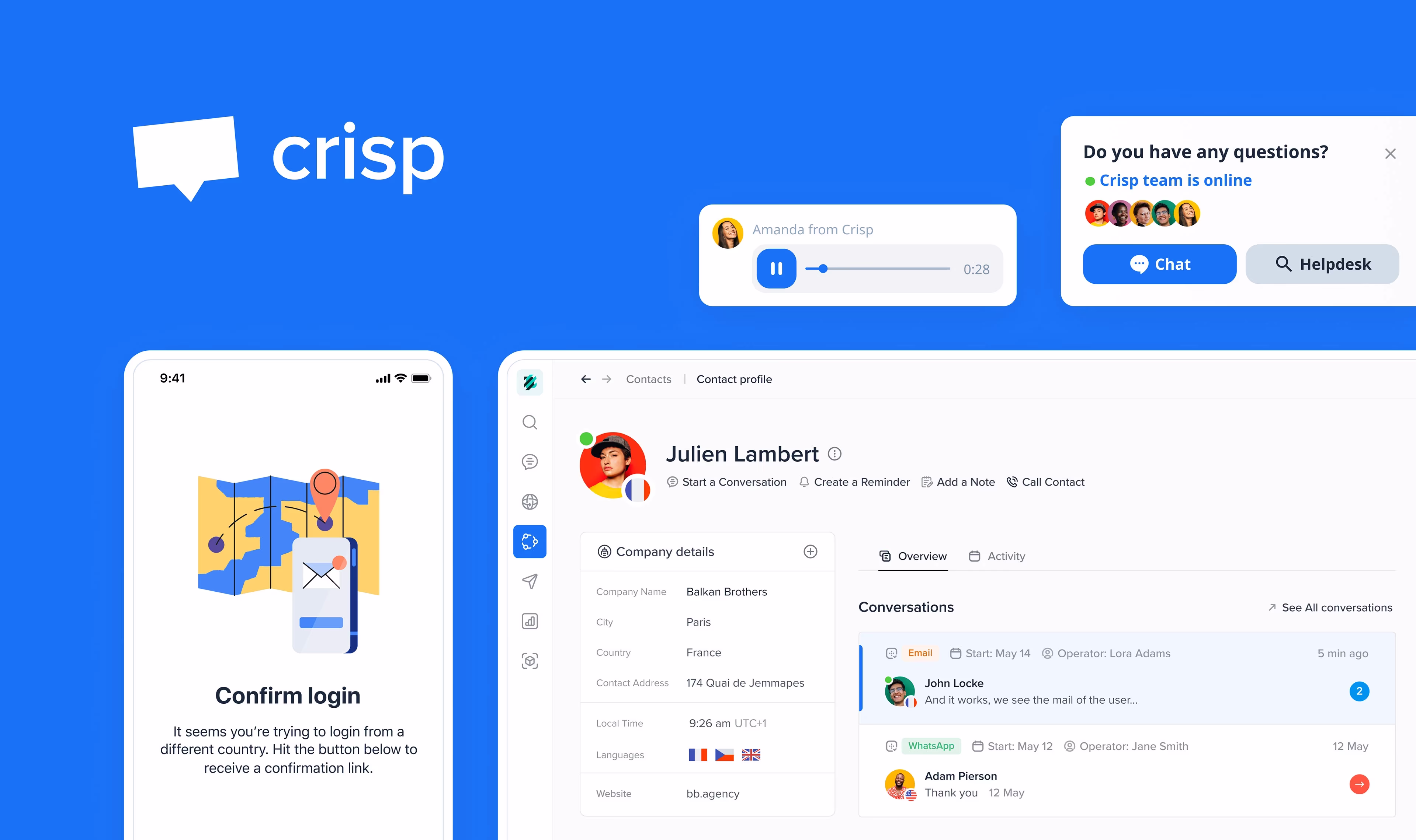 Crisp collage with contact profile, chat widget, and mobile login confirmation