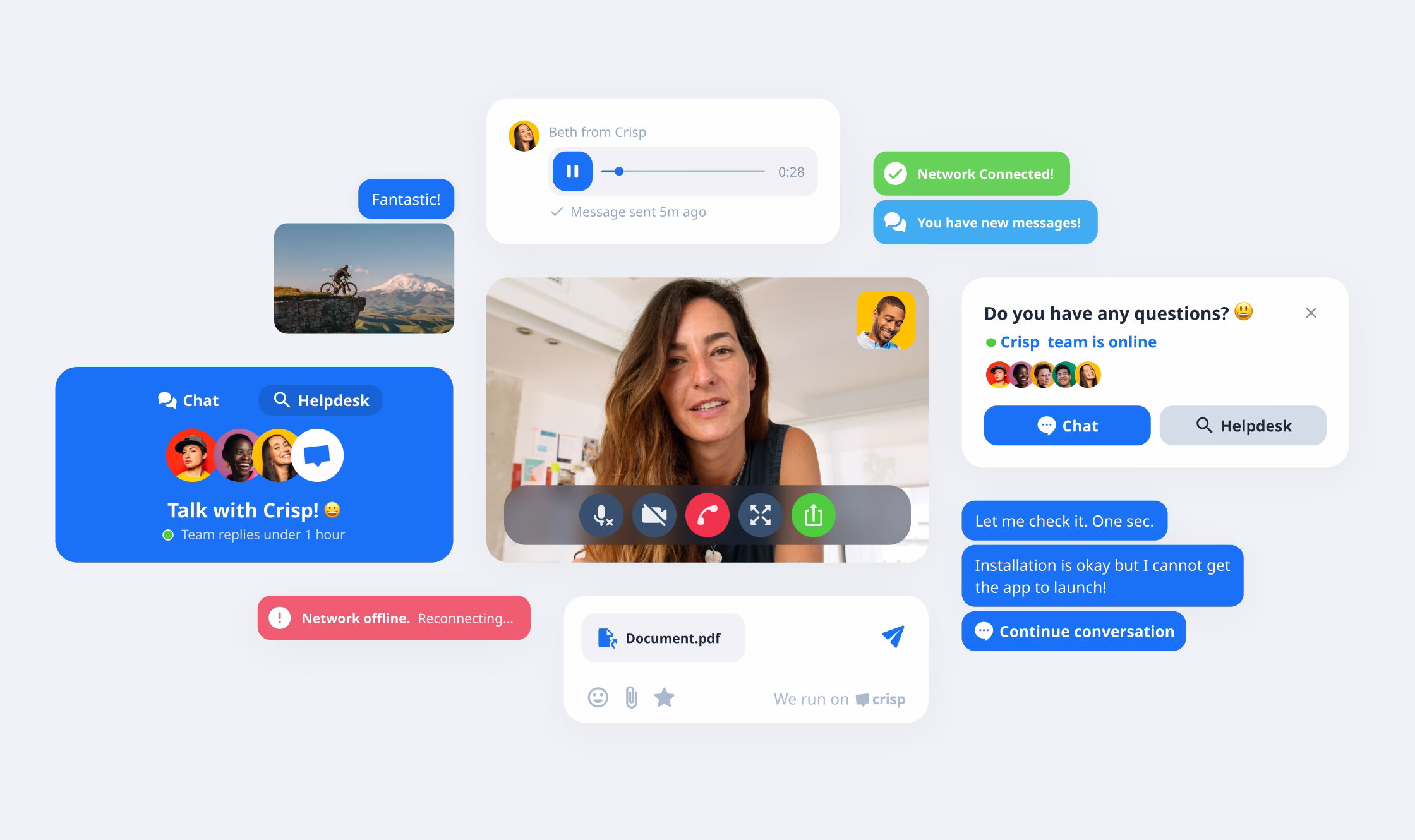 Crisp UI kit with video call, chat widgets, audio messages, and status badges