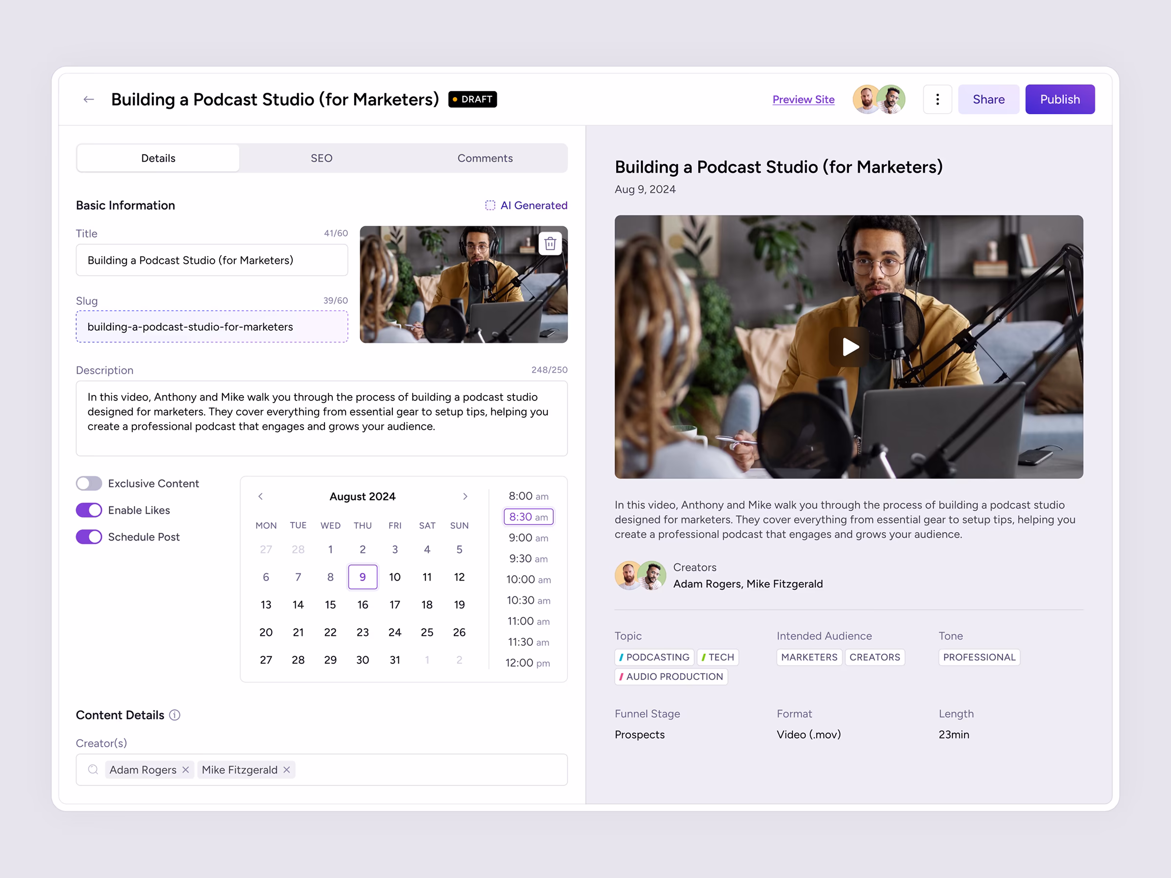 AudiencePlus content editor with post details and a live video preview