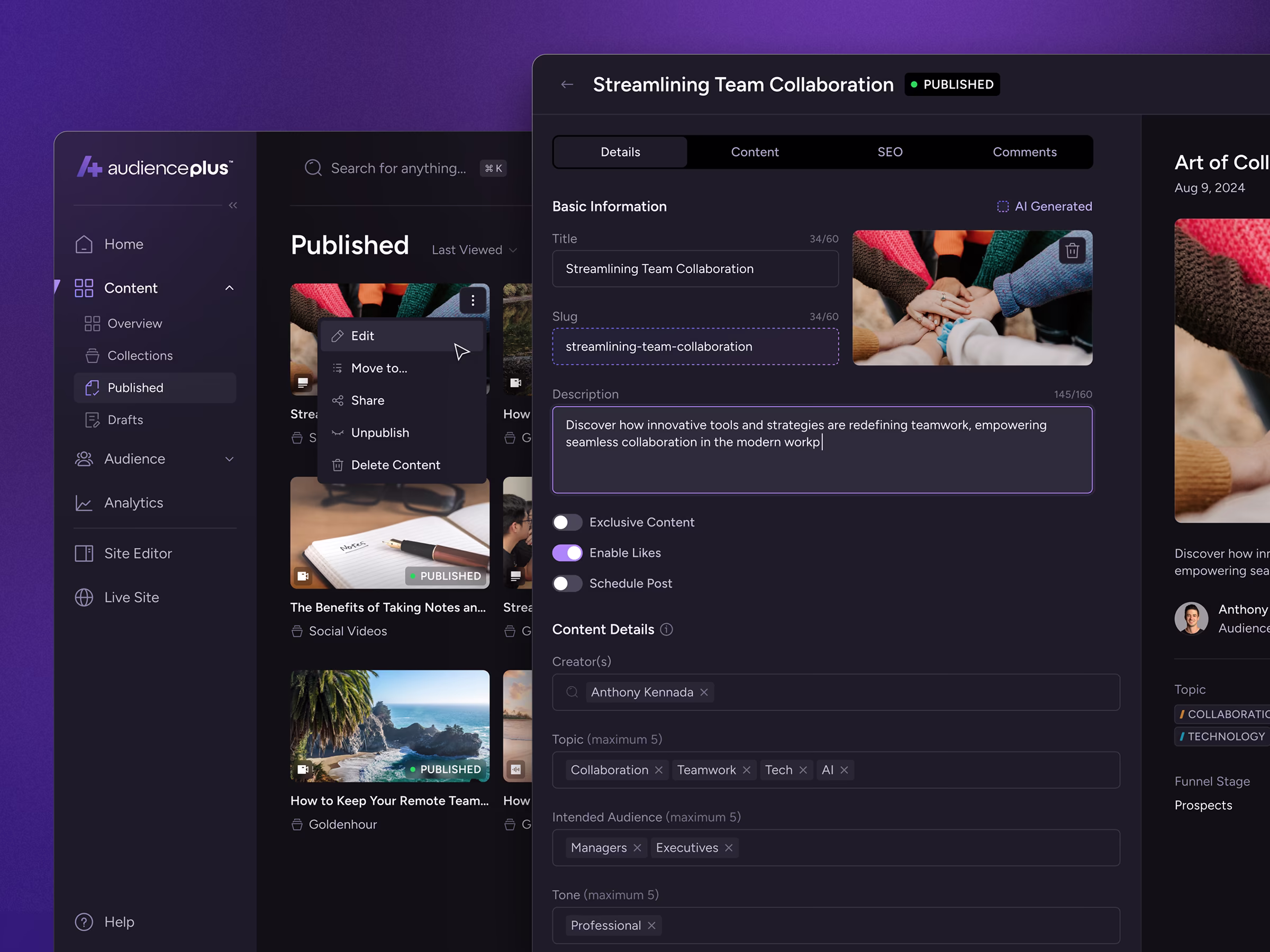 AudiencePlus dark-mode published content grid and post details panel