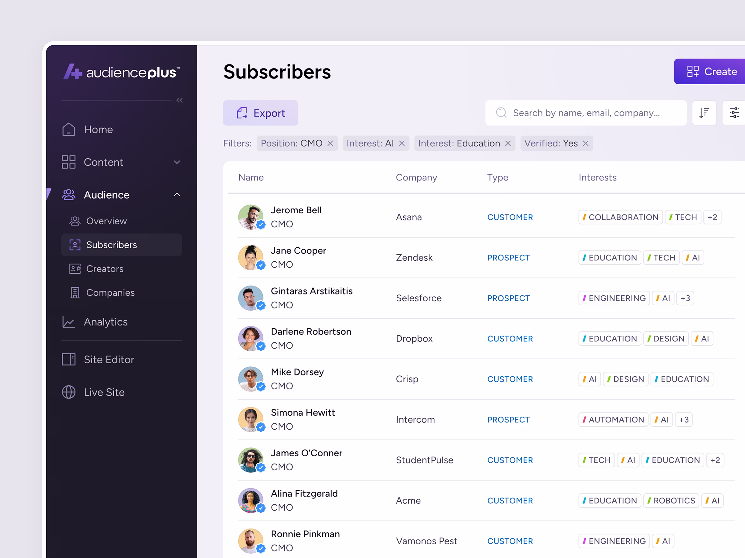 AudiencePlus subscribers table with filters, companies, and interest tags