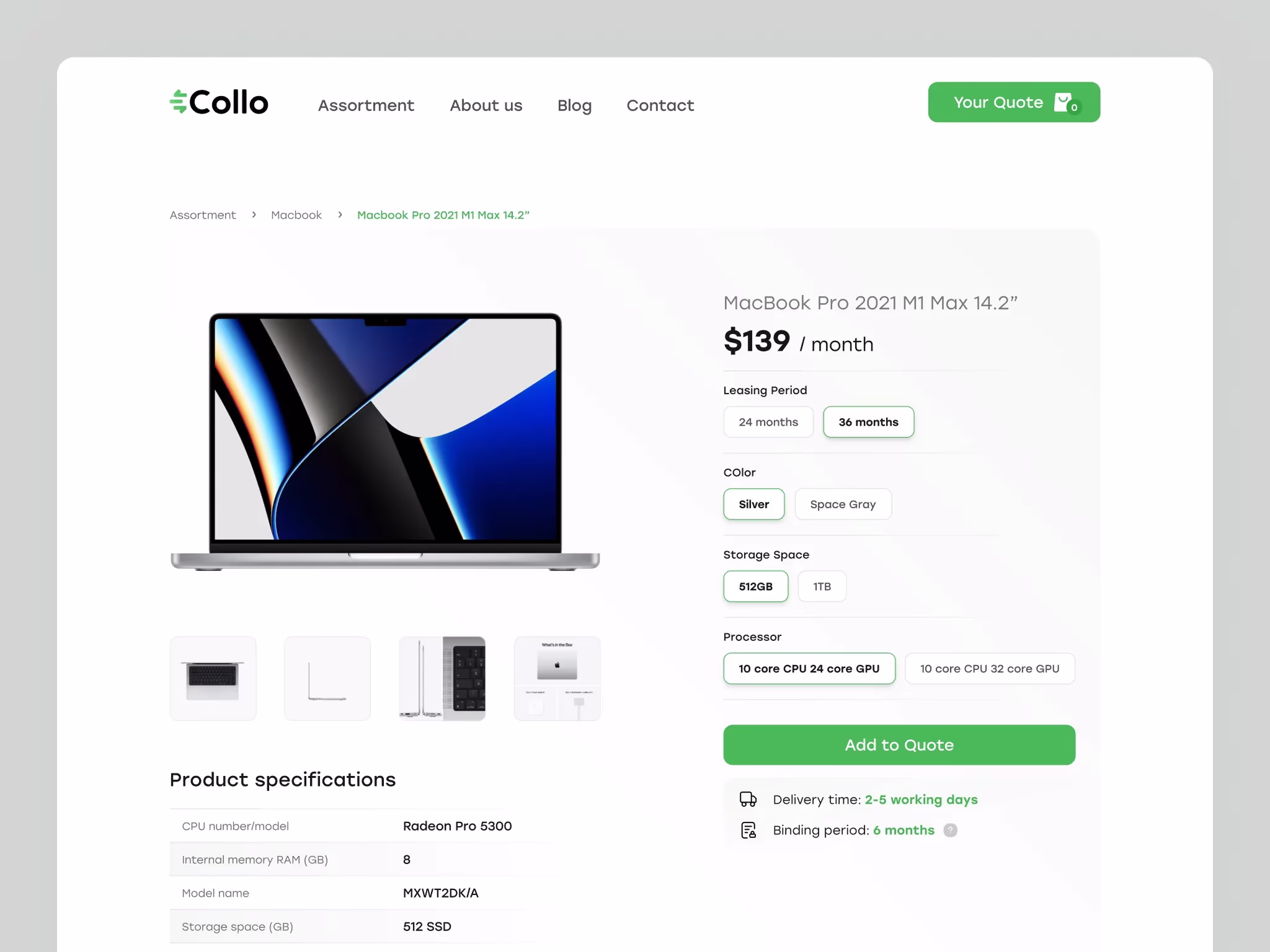 Collo product page for leasing a MacBook Pro with configuration options