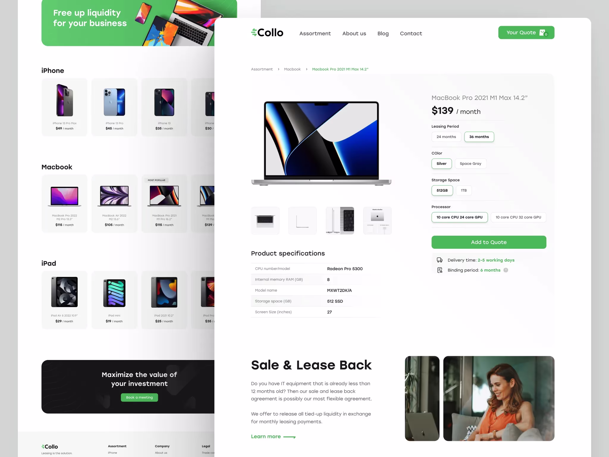 Collo assortment and product pages for leasing iPhone, MacBook, and iPad