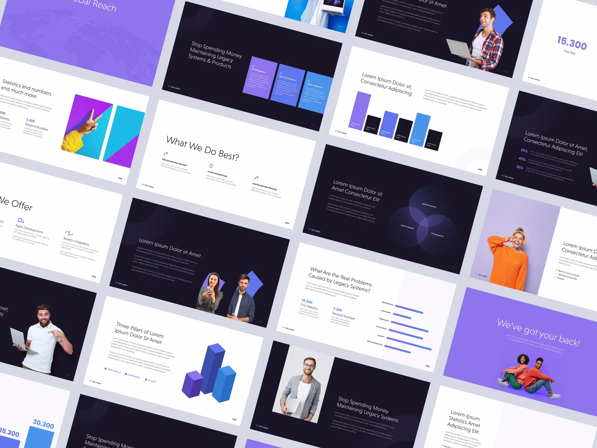 Div Motion presentation deck layouts in navy, purple, and blue