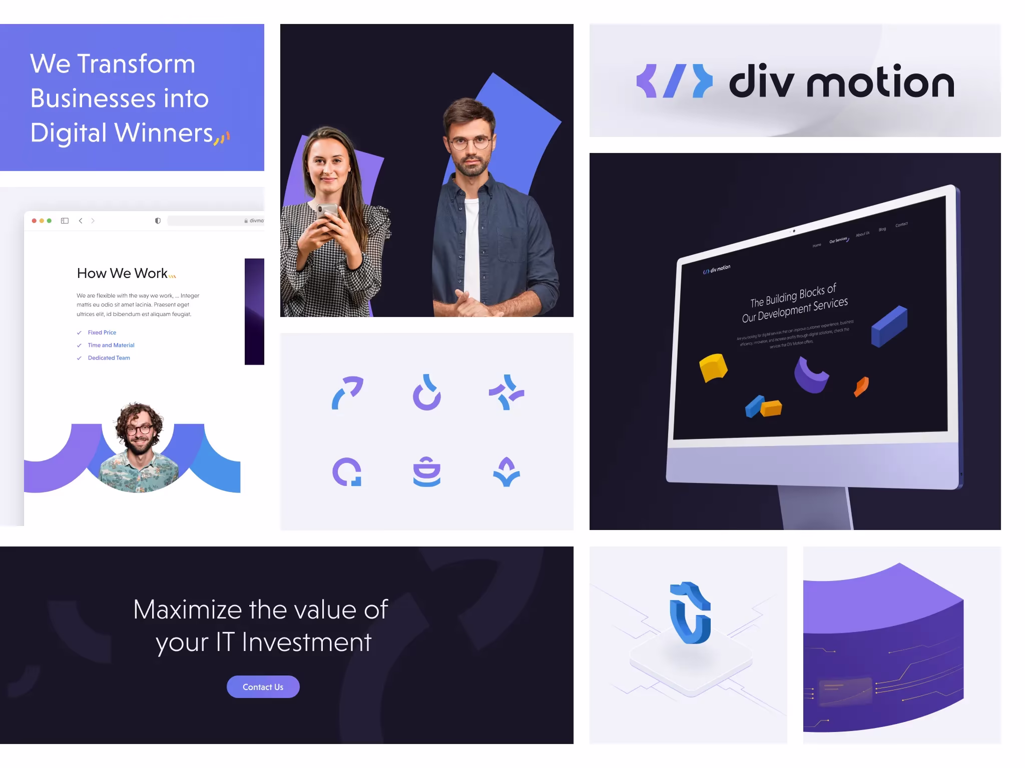 Div Motion brand board with logo, website, and 3D service visuals