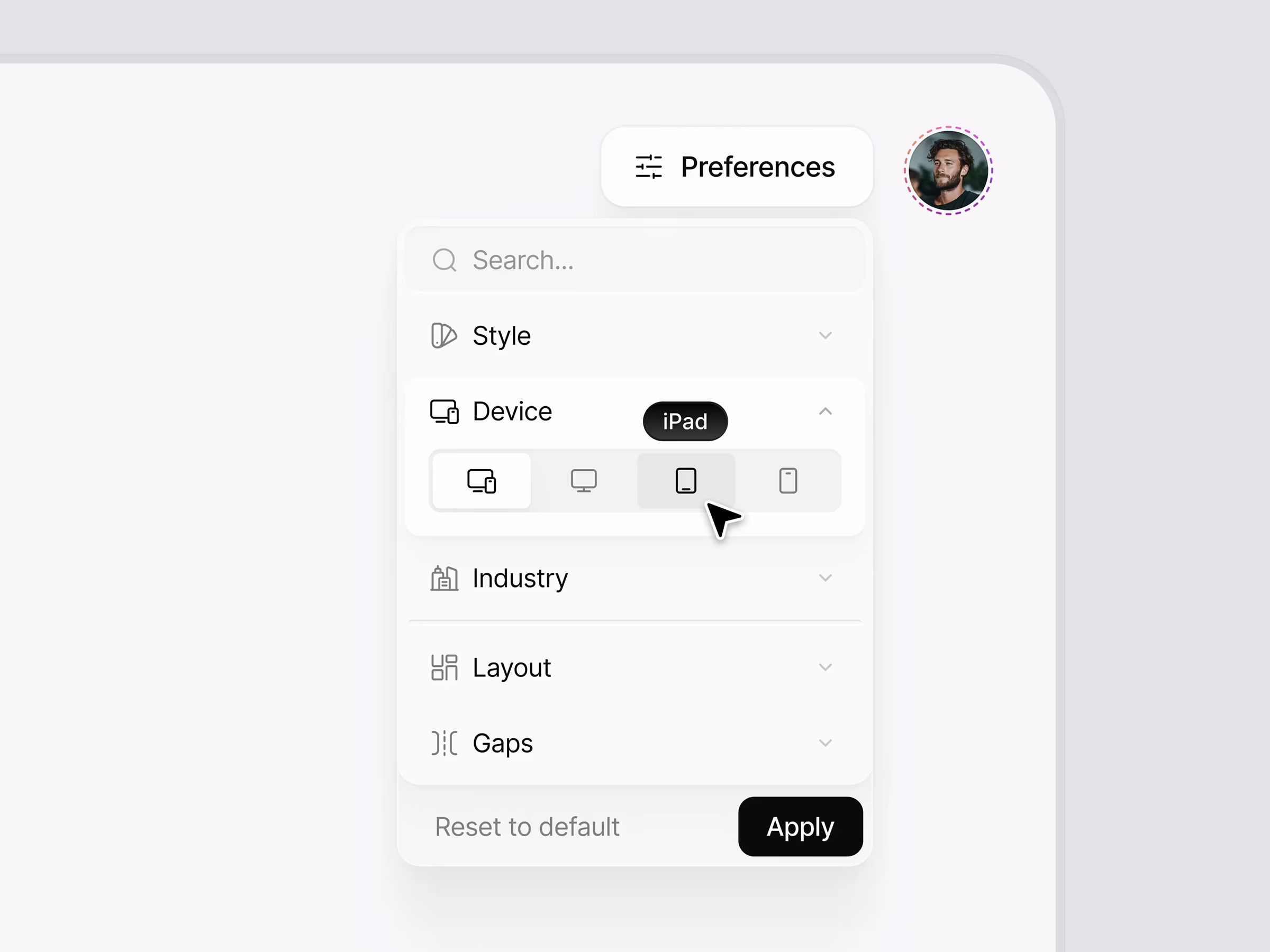 Figgle preferences dropdown with device preview options
