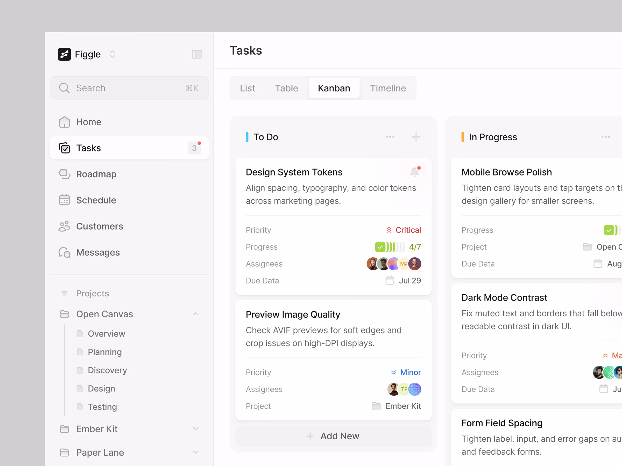 Figgle tasks board in kanban view with to-do and in-progress cards