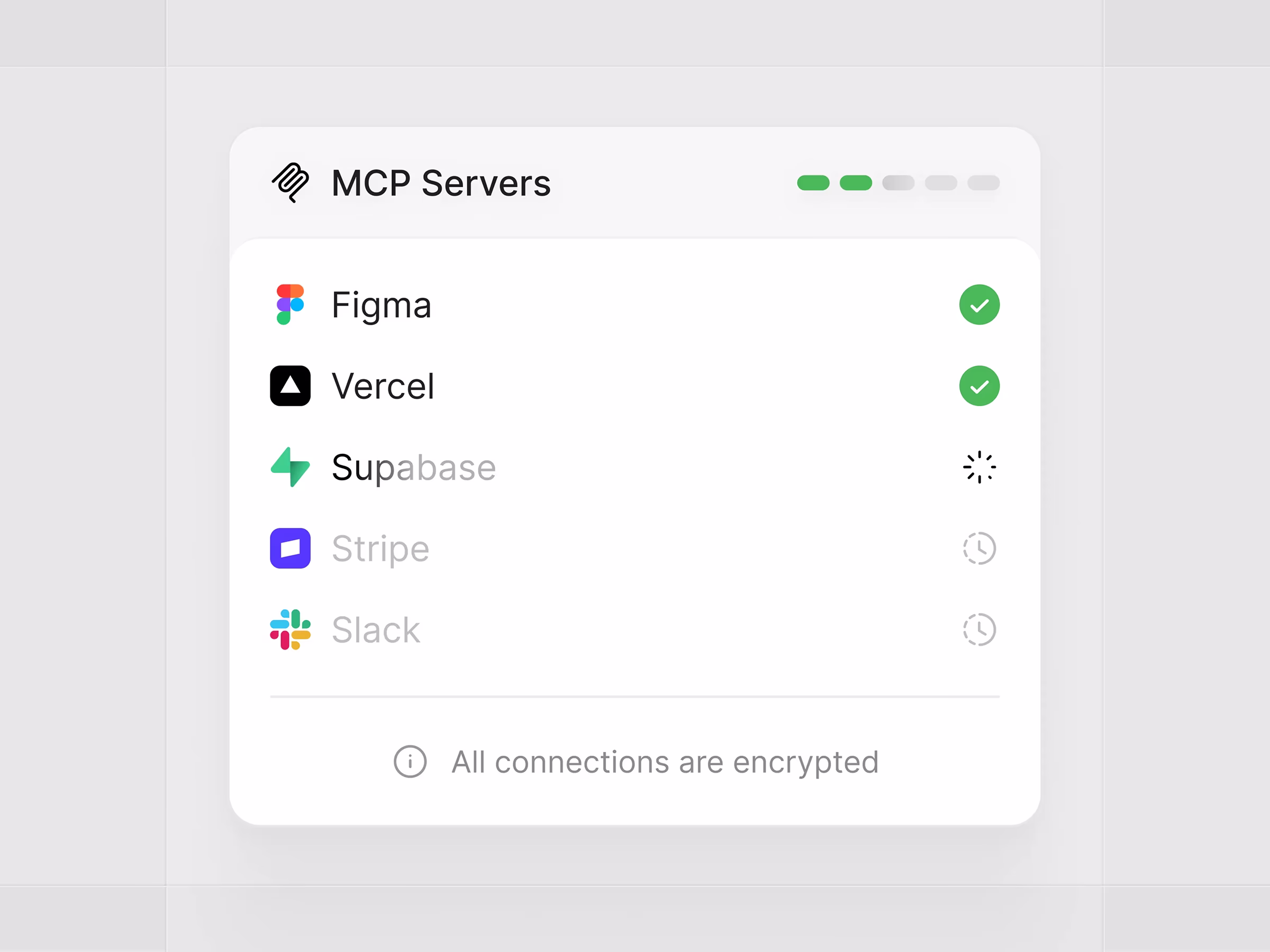 Figgle MCP Servers card listing Figma, Vercel, Supabase, Stripe, and Slack connection states