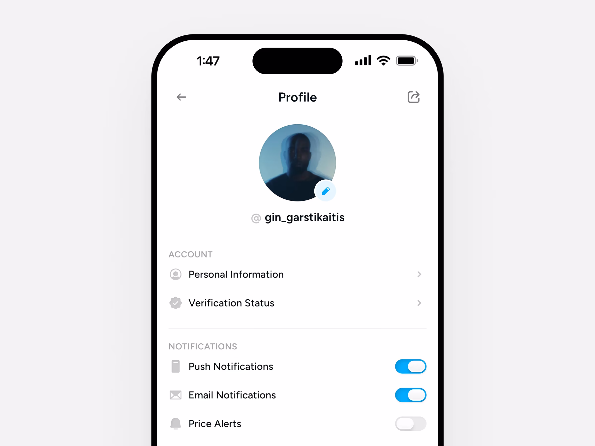 Figgle iOS profile screen with account and notification settings