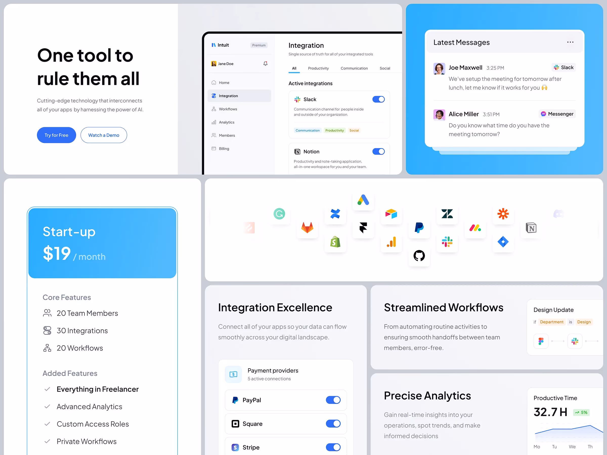 Intuit UI collage of dashboard, pricing, and integration cards