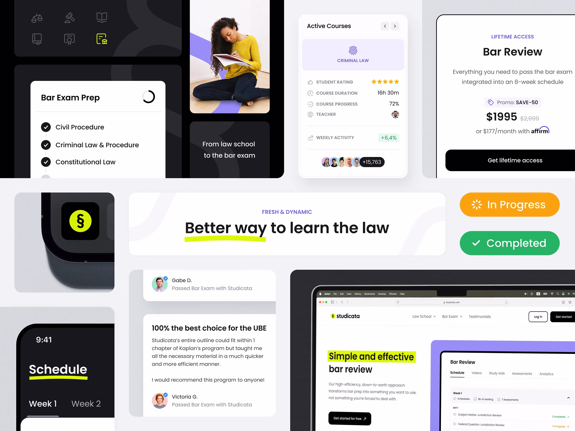 Studicata collage of course progress, bar-exam prep, and marketing UI