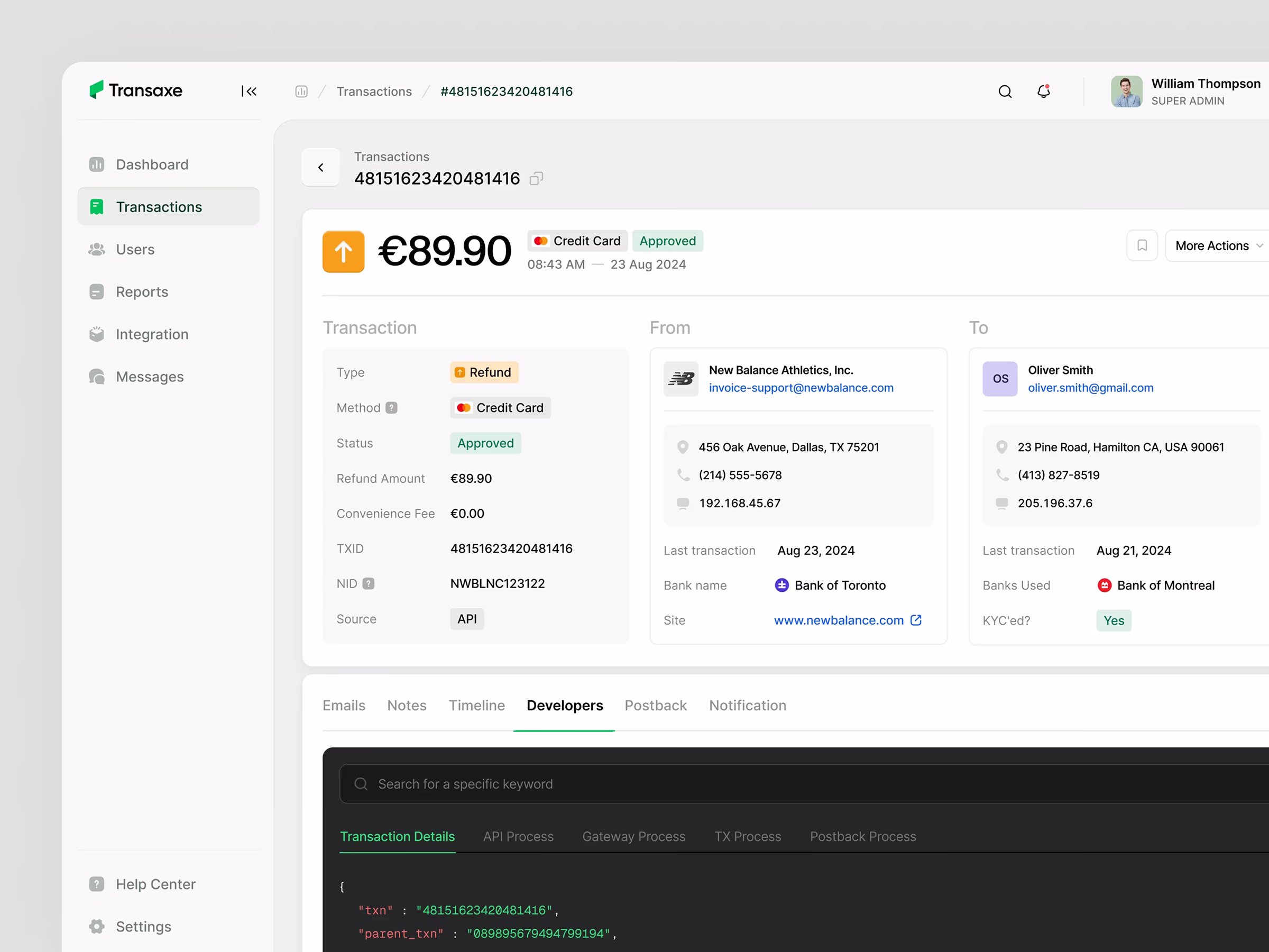 Transaxe transaction detail with merchant, customer, and developer JSON views