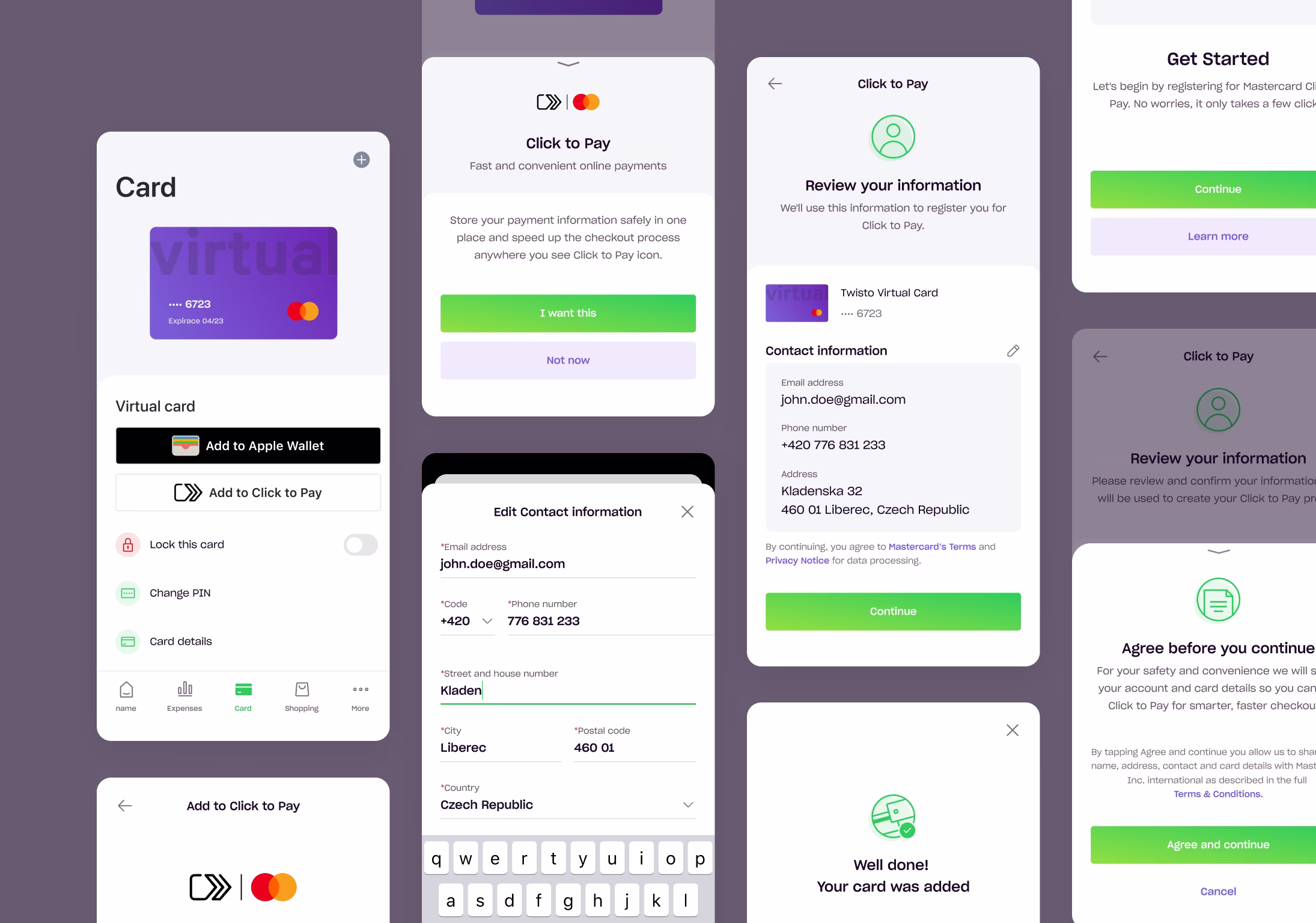 Twisto mobile screens for adding a virtual card to Click to Pay
