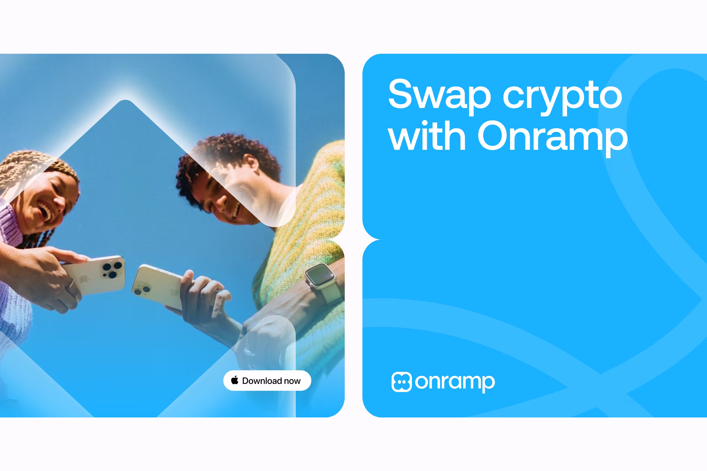 Onramp brand panels with people on phones and Swap crypto with Onramp