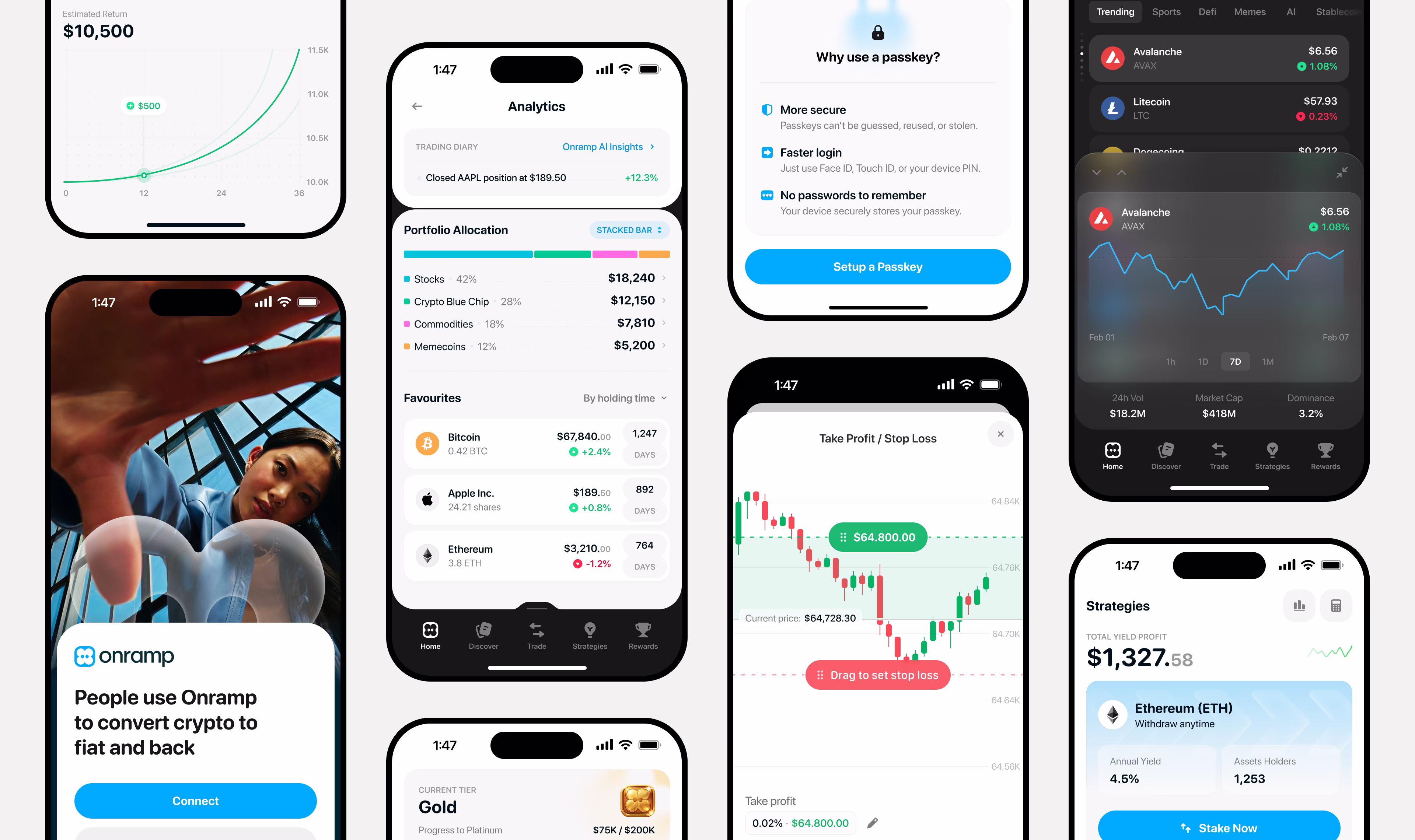 Onramp app collage with home, analytics, trading, staking, and passkey screens