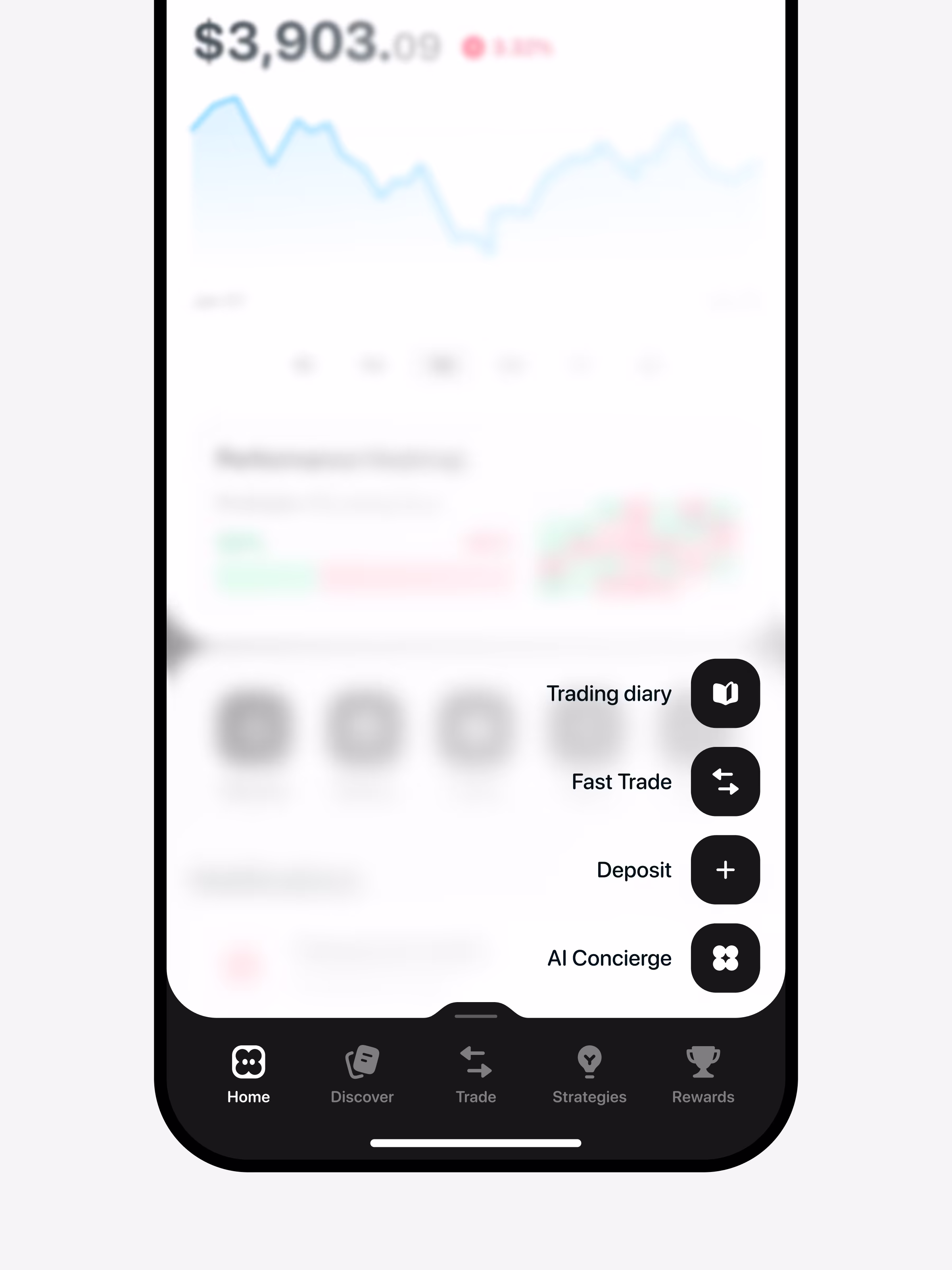 Onramp home overlay with Trading diary, Fast Trade, Deposit, and AI Concierge