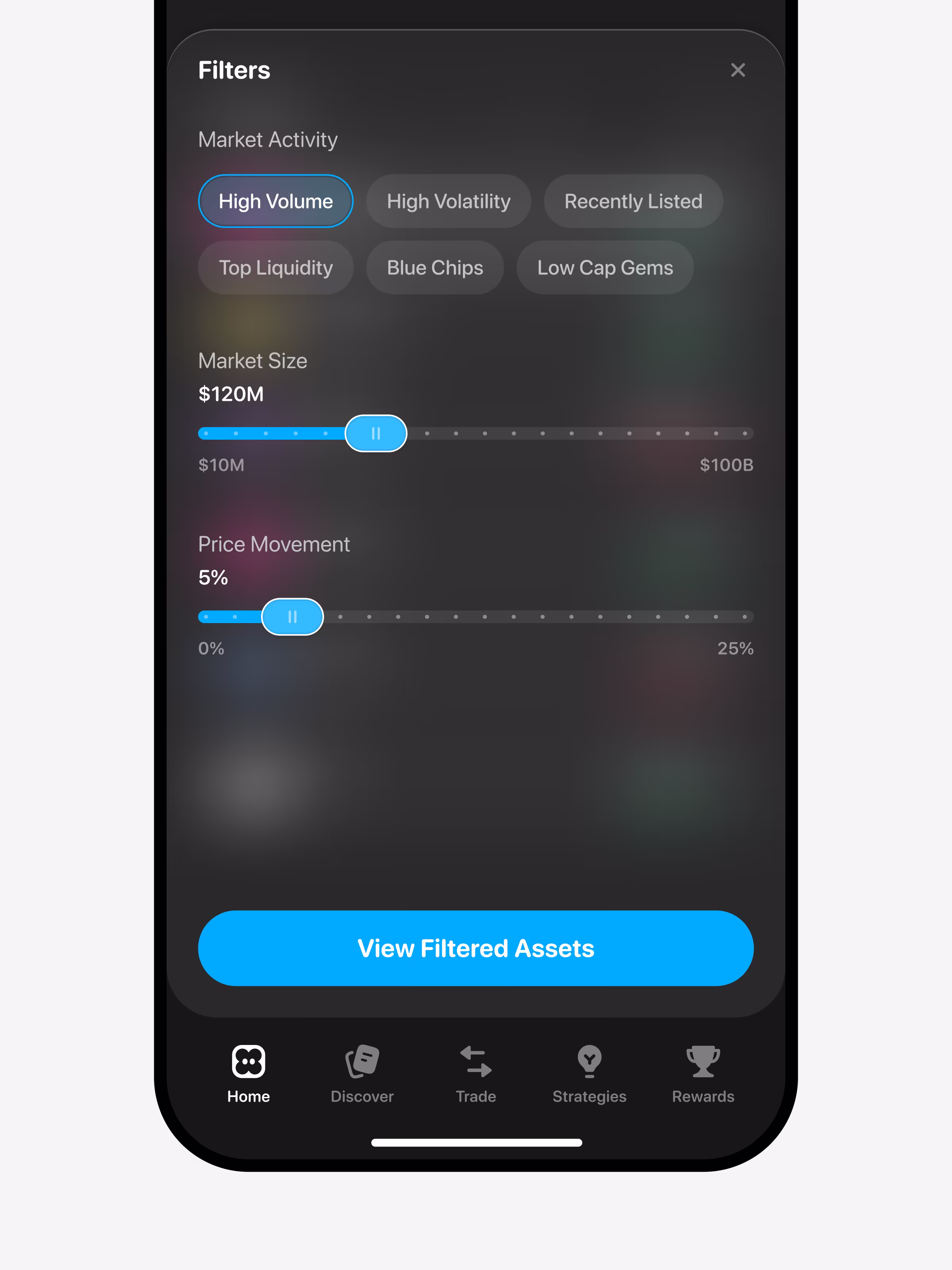 Onramp dark-mode market filters with activity tags and sliders