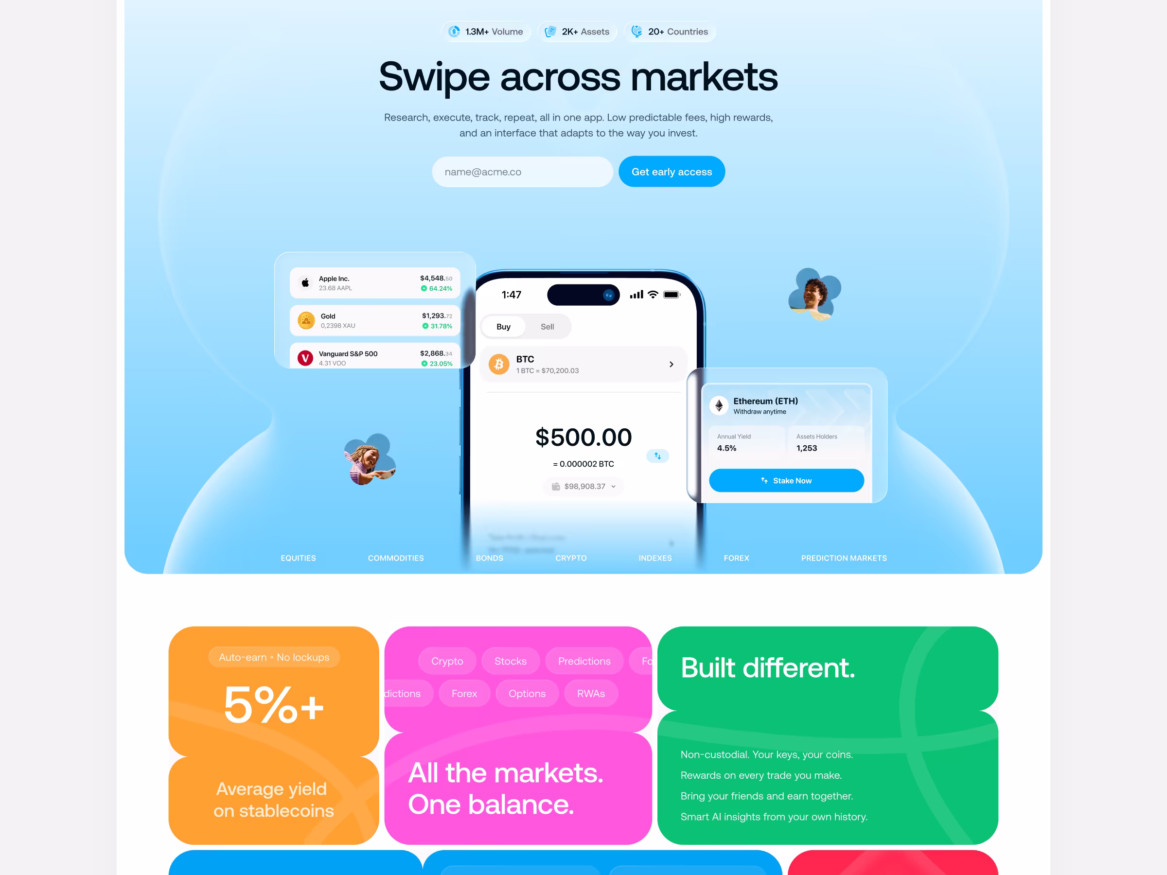 Onramp landing hero with Swipe across markets and feature cards