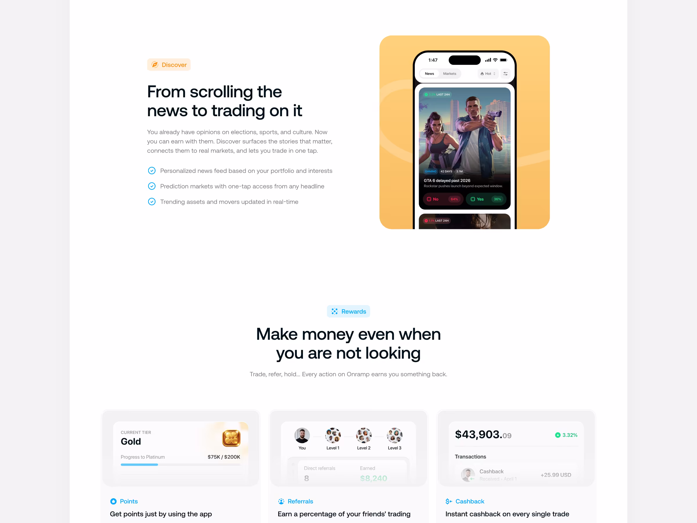 Onramp landing sections for news trading and rewards