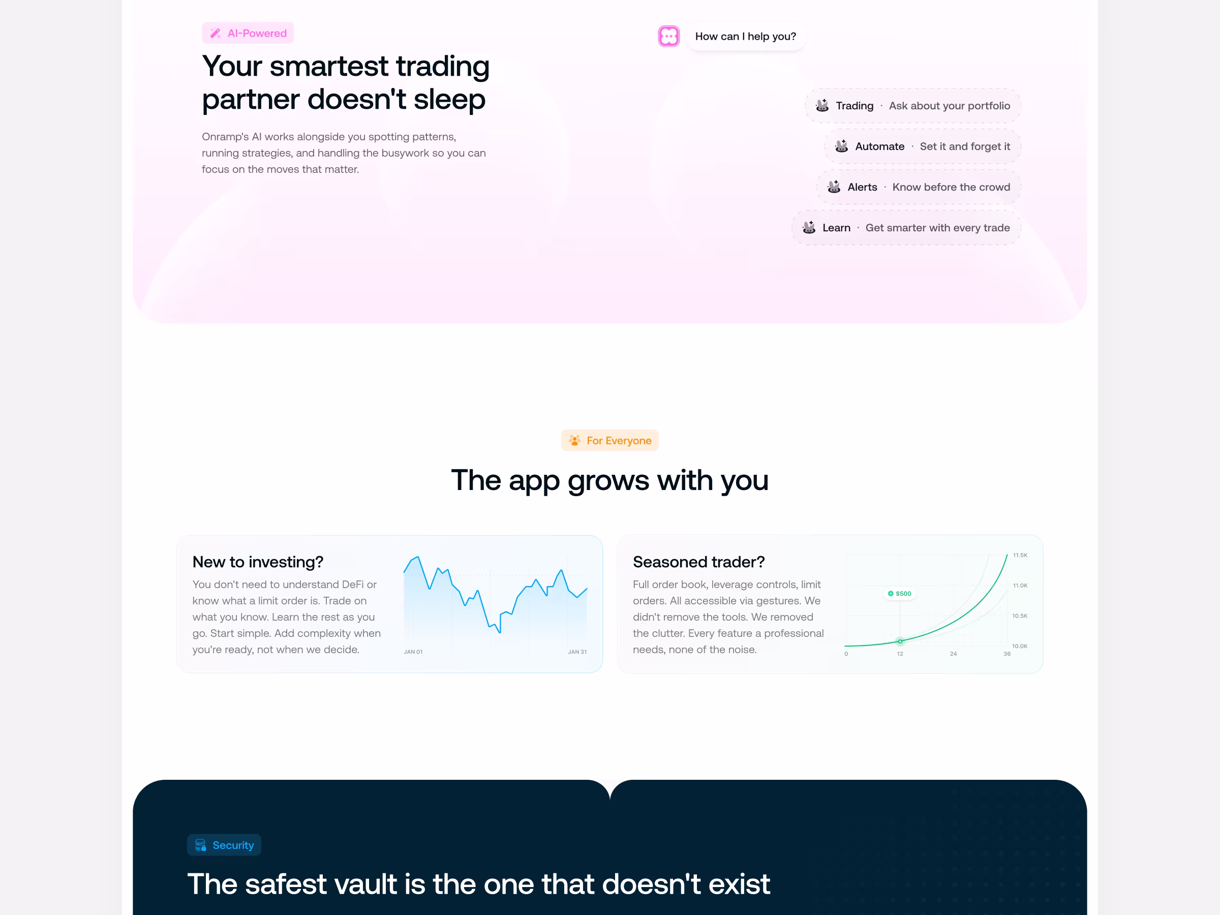 Onramp landing sections for AI trading, beginner-to-pro, and security