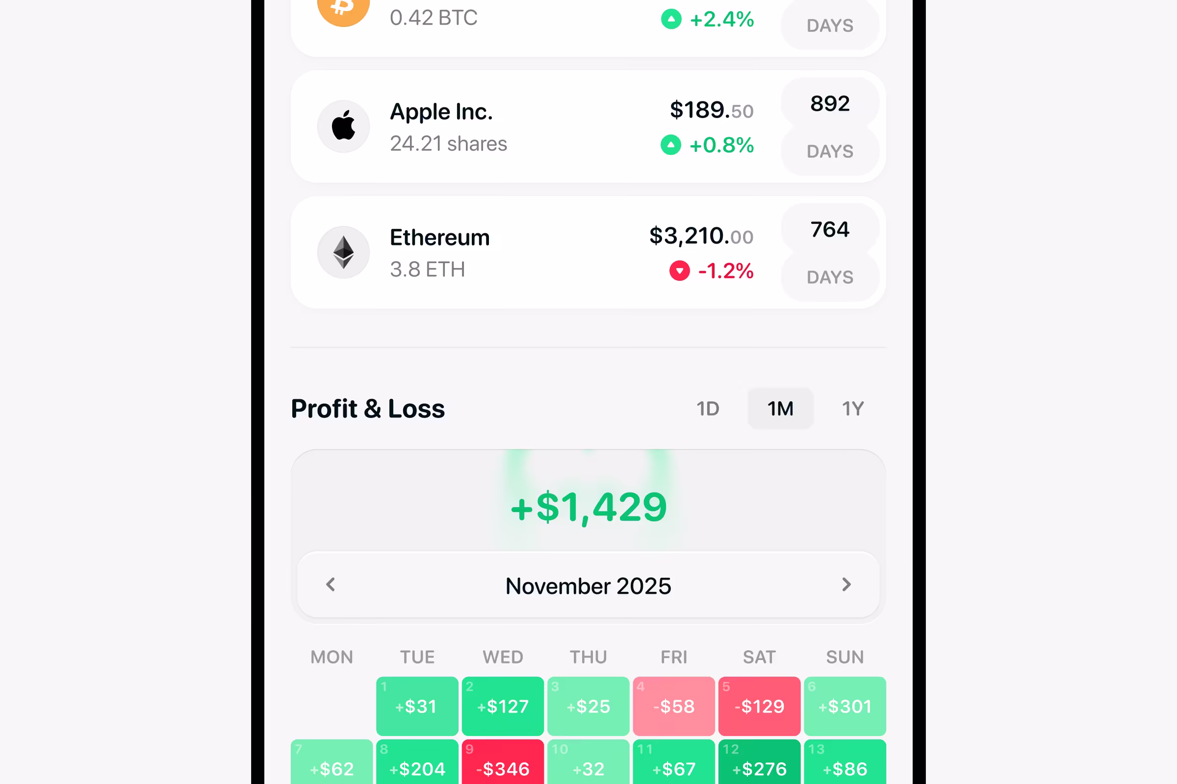 Onramp holdings list and monthly profit-and-loss calendar