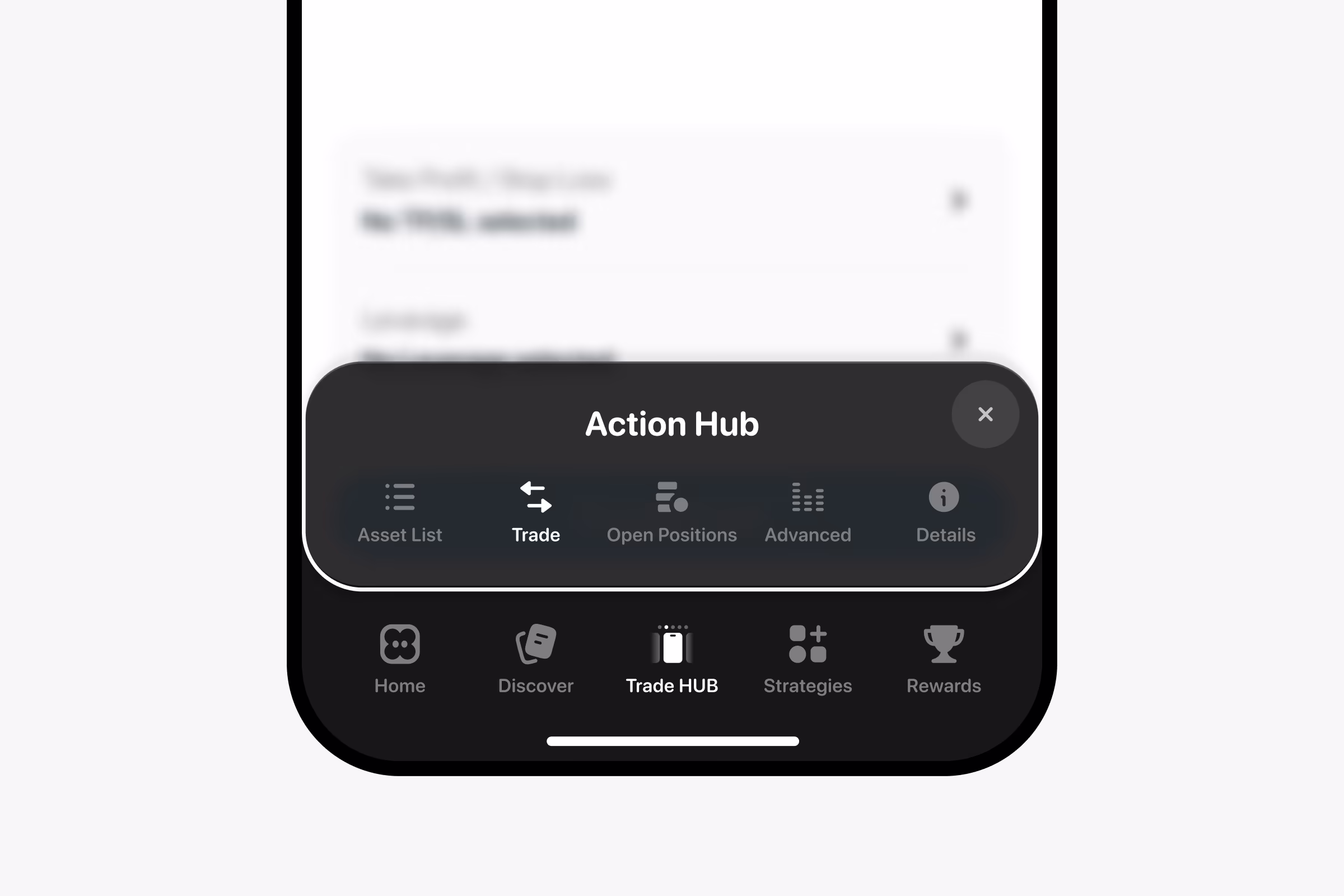 Onramp Action Hub overlay on the trade screen