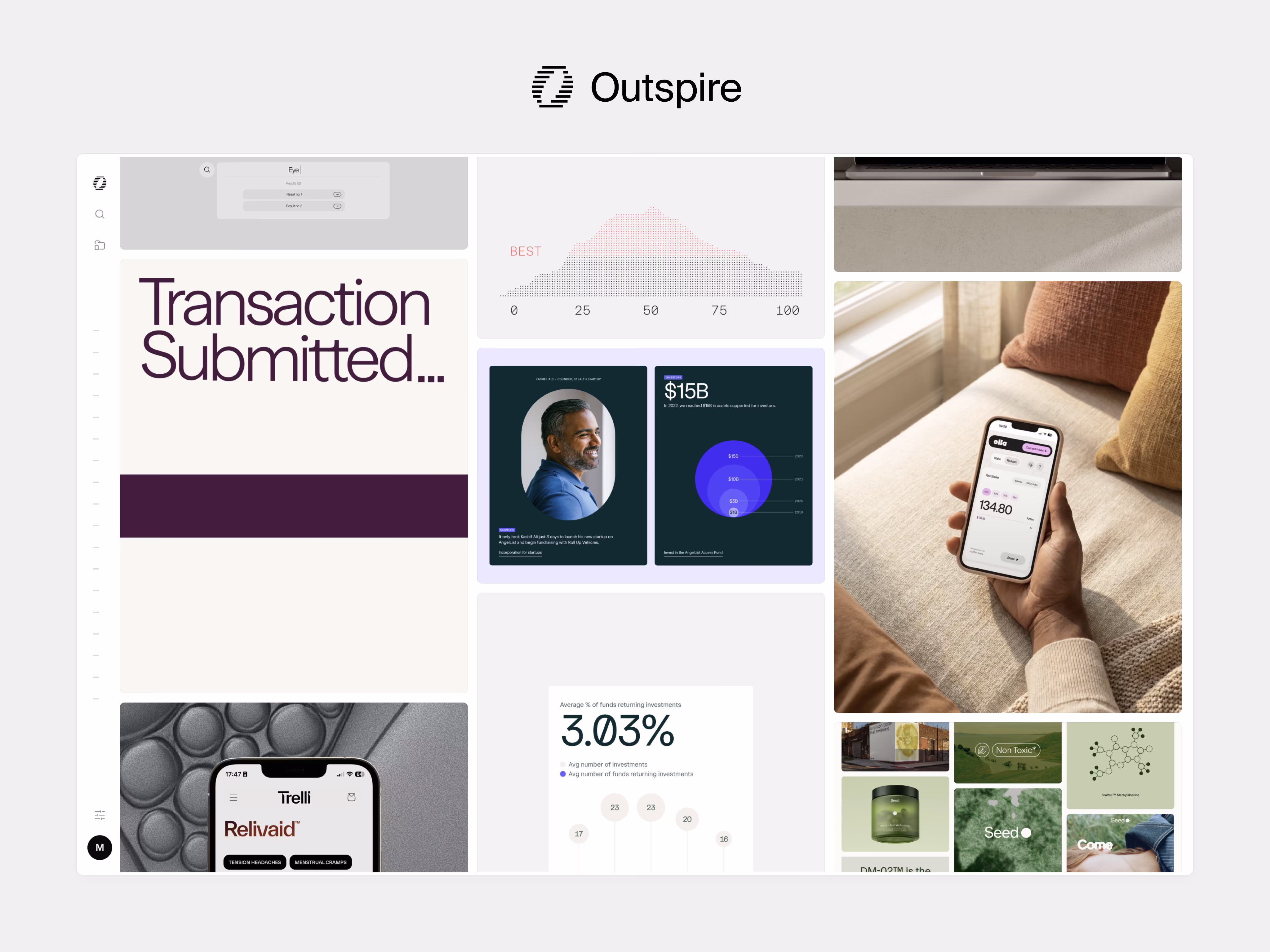 Outspire collage of interface, data, and photography references