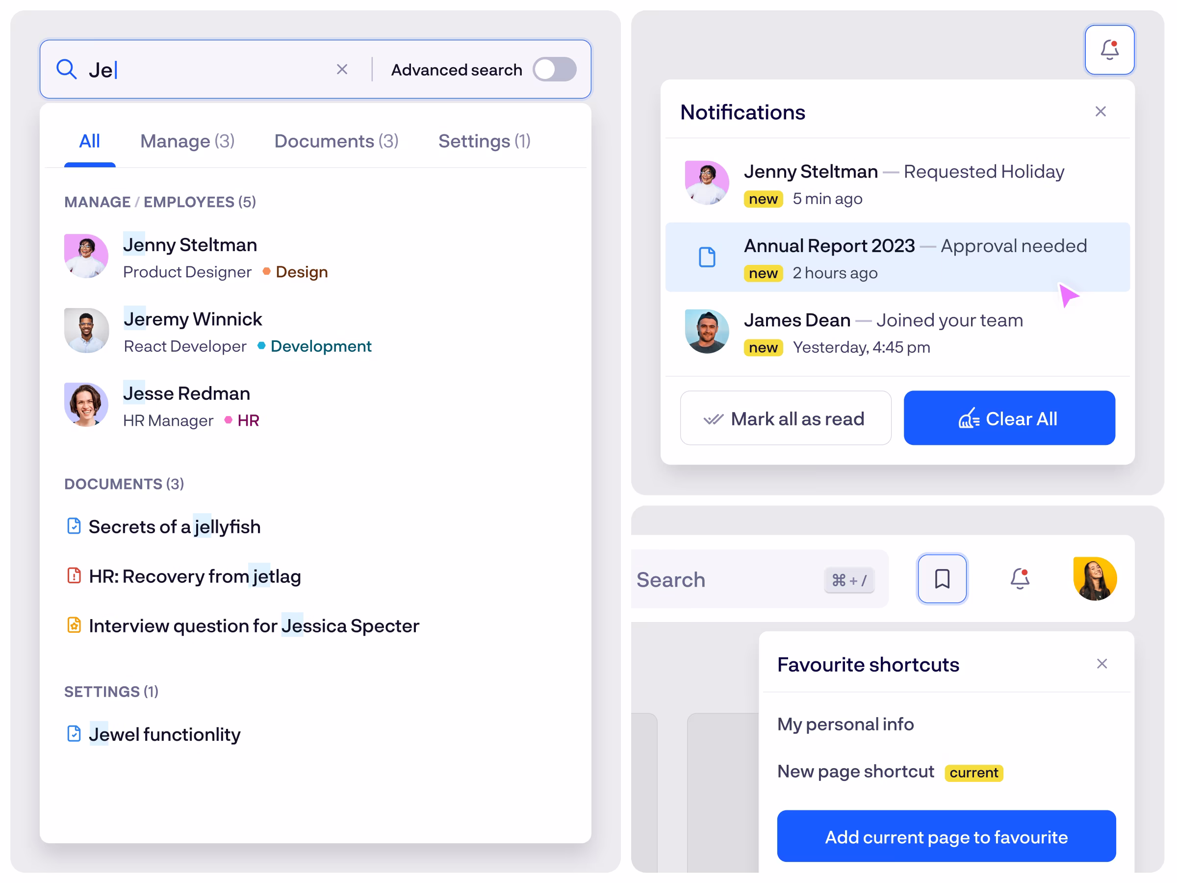 Rock search, notifications, and shortcut menus