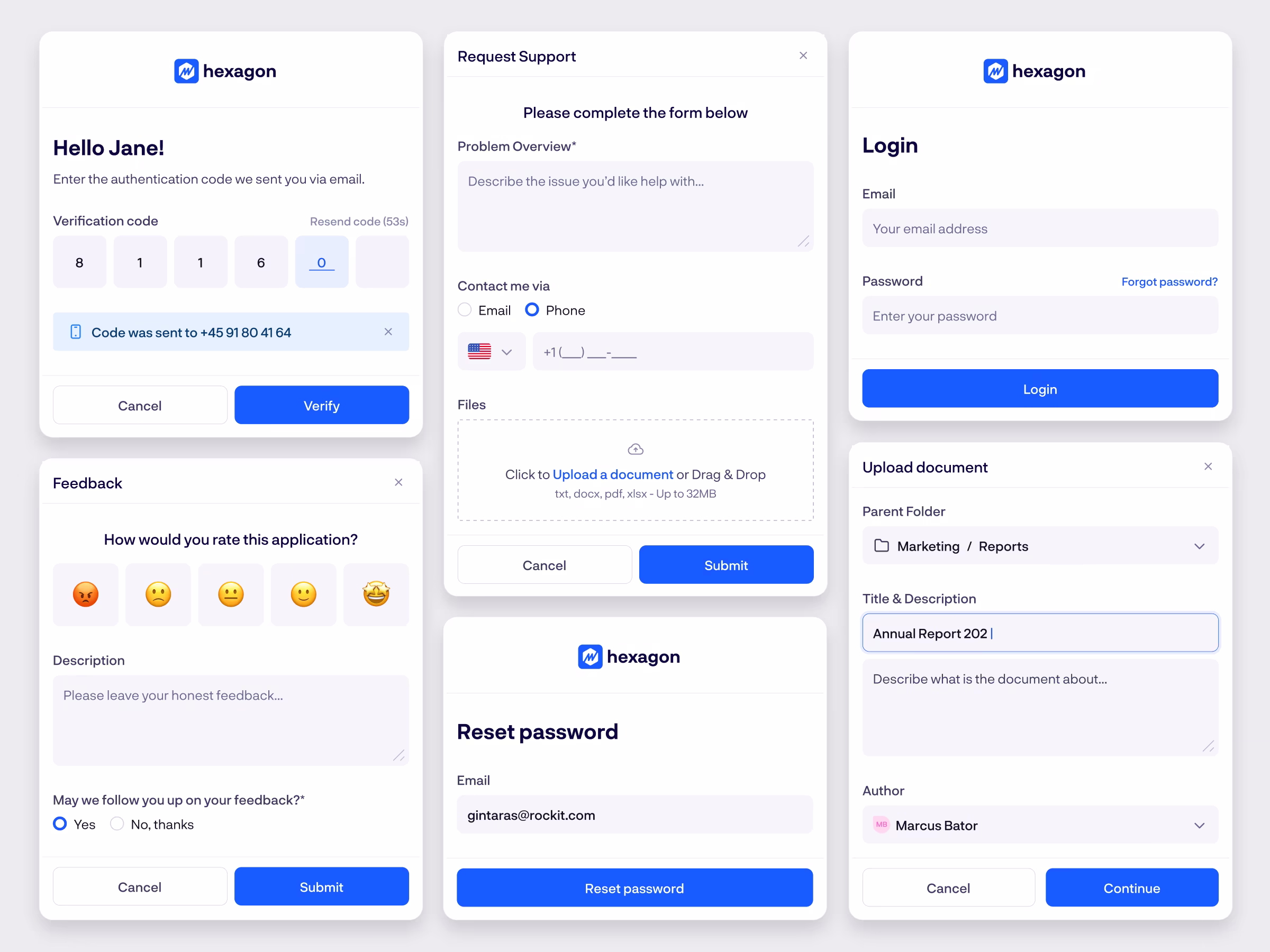 Rock login, verification, support, and document-upload forms