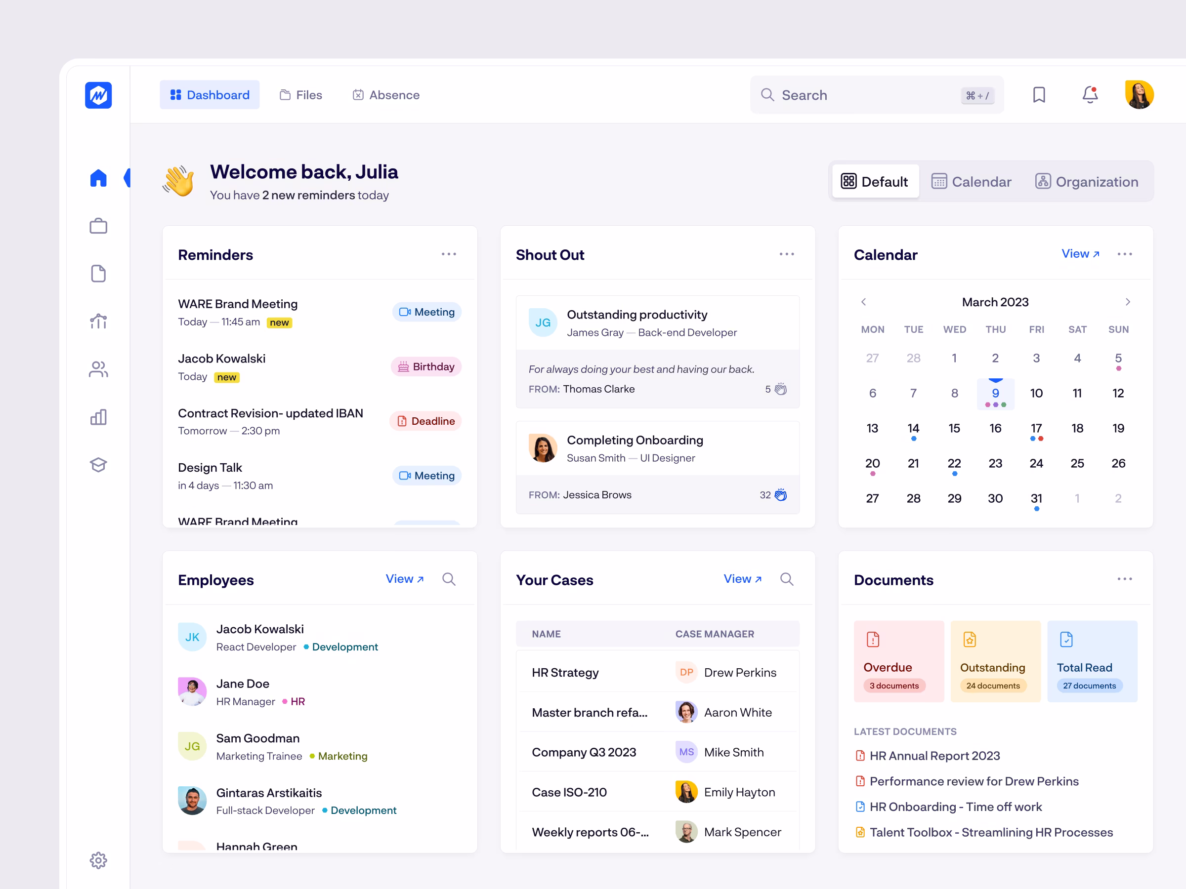 Rock dashboard with reminders, shout-outs, calendar, and documents
