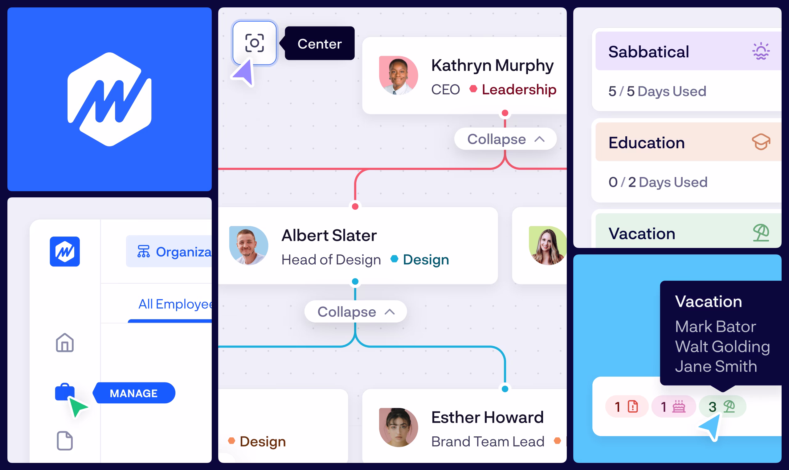 Rock organization chart with leave-balance widgets